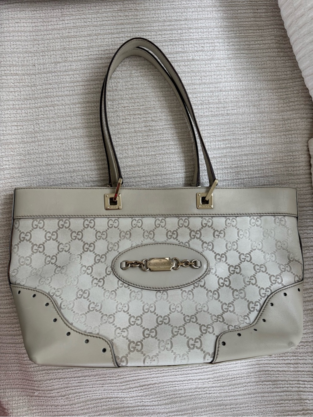 Gucci Guccissima Monogram Leather Large Tote Horsebit Ivory White